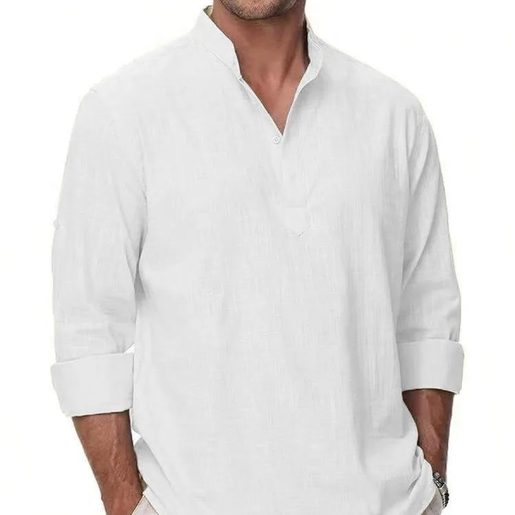 Men’s Cotton Linen Stand Collar Shirt – Lightweight Long Sleeve Casual Comfort Top