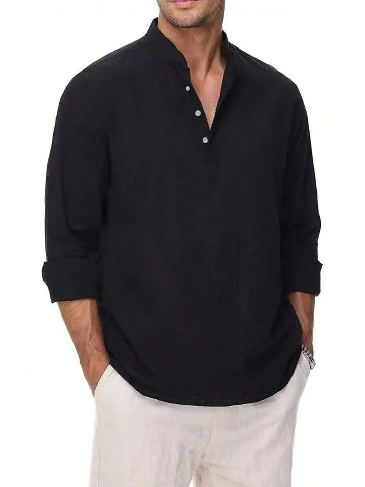 Men’s Cotton Linen Stand Collar Shirt – Lightweight Long Sleeve Casual Comfort Top
