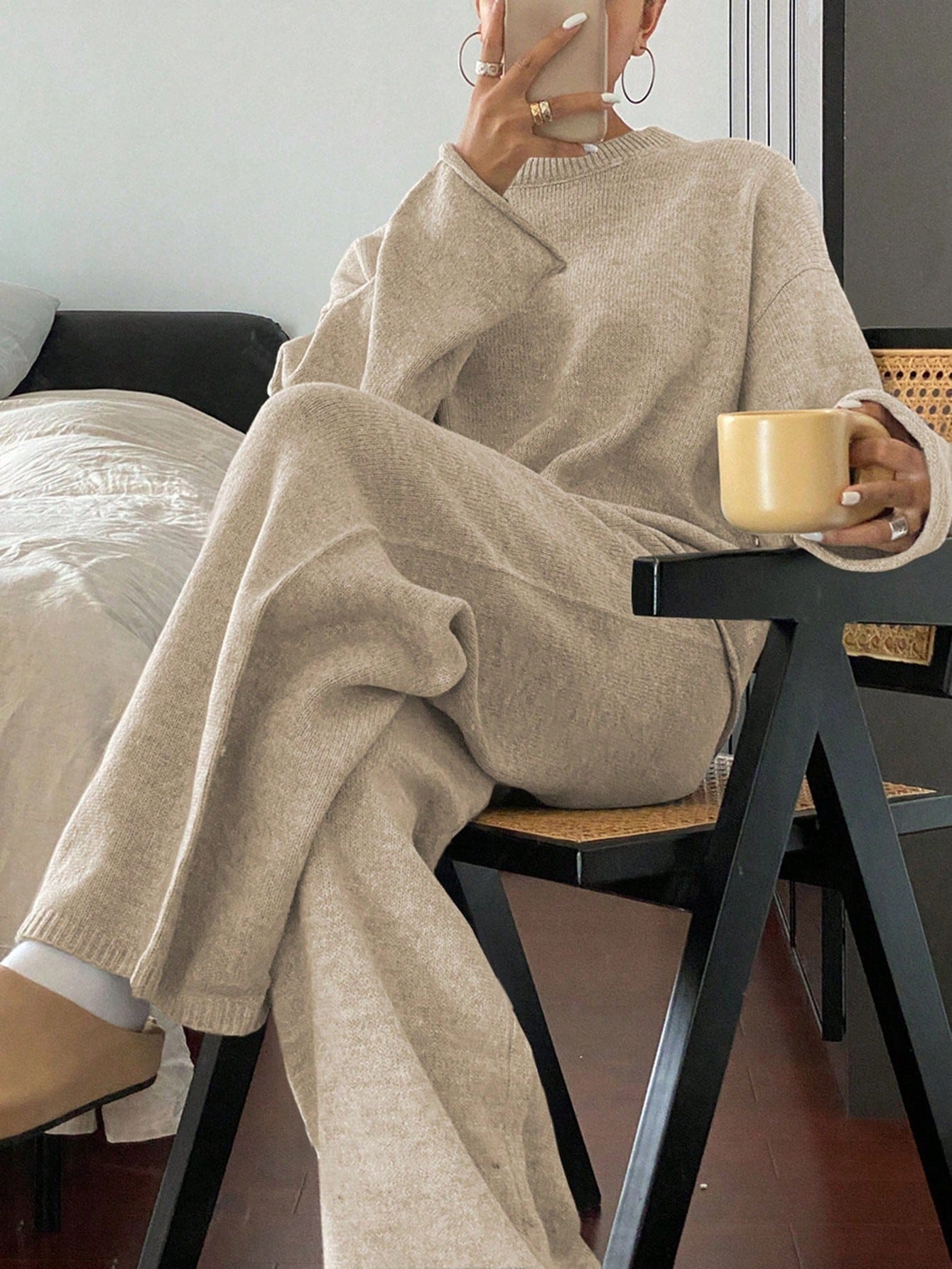 Women’s Luxe Contrast Trim Knit Two-Piece Set – Oversized Sweater & Wide Leg Pants Elegant Lounge Set