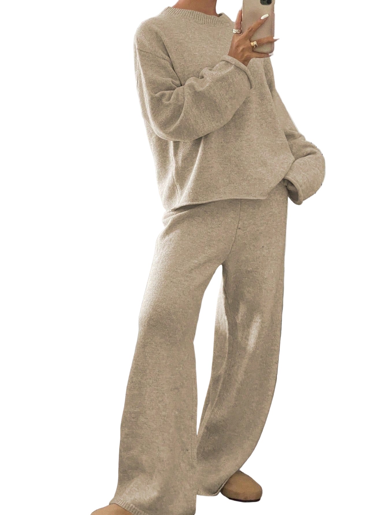 Women’s Luxe Contrast Trim Knit Two-Piece Set – Oversized Sweater & Wide Leg Pants Elegant Lounge Set