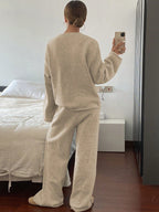 Women’s Luxe Contrast Trim Knit Two-Piece Set – Oversized Sweater & Wide Leg Pants Elegant Lounge Set