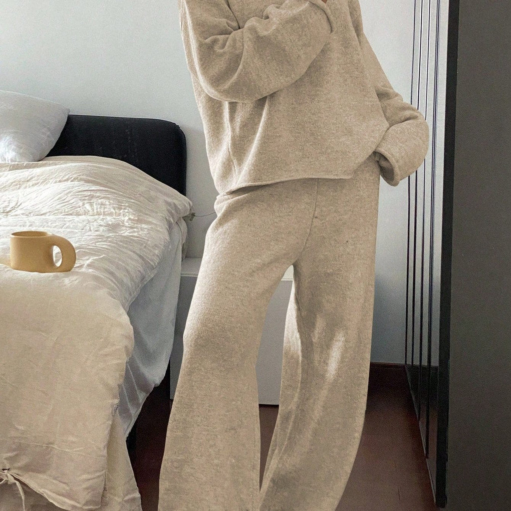 Women’s Luxe Contrast Trim Knit Two-Piece Set – Oversized Sweater & Wide Leg Pants Elegant Lounge Set