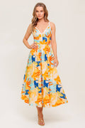 Printed Ric Rac Trim V-Neck Open Back Woven Midi Dress
