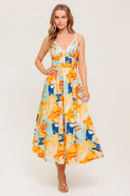 Printed Ric Rac Trim V-Neck Open Back Woven Midi Dress