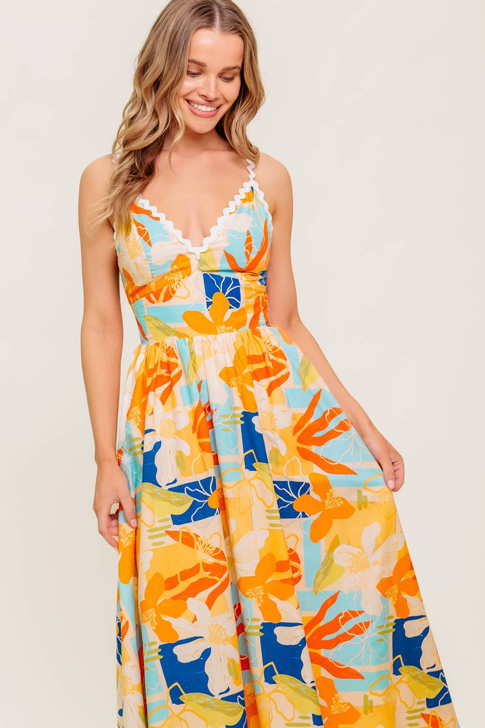 Printed Ric Rac Trim V-Neck Open Back Woven Midi Dress