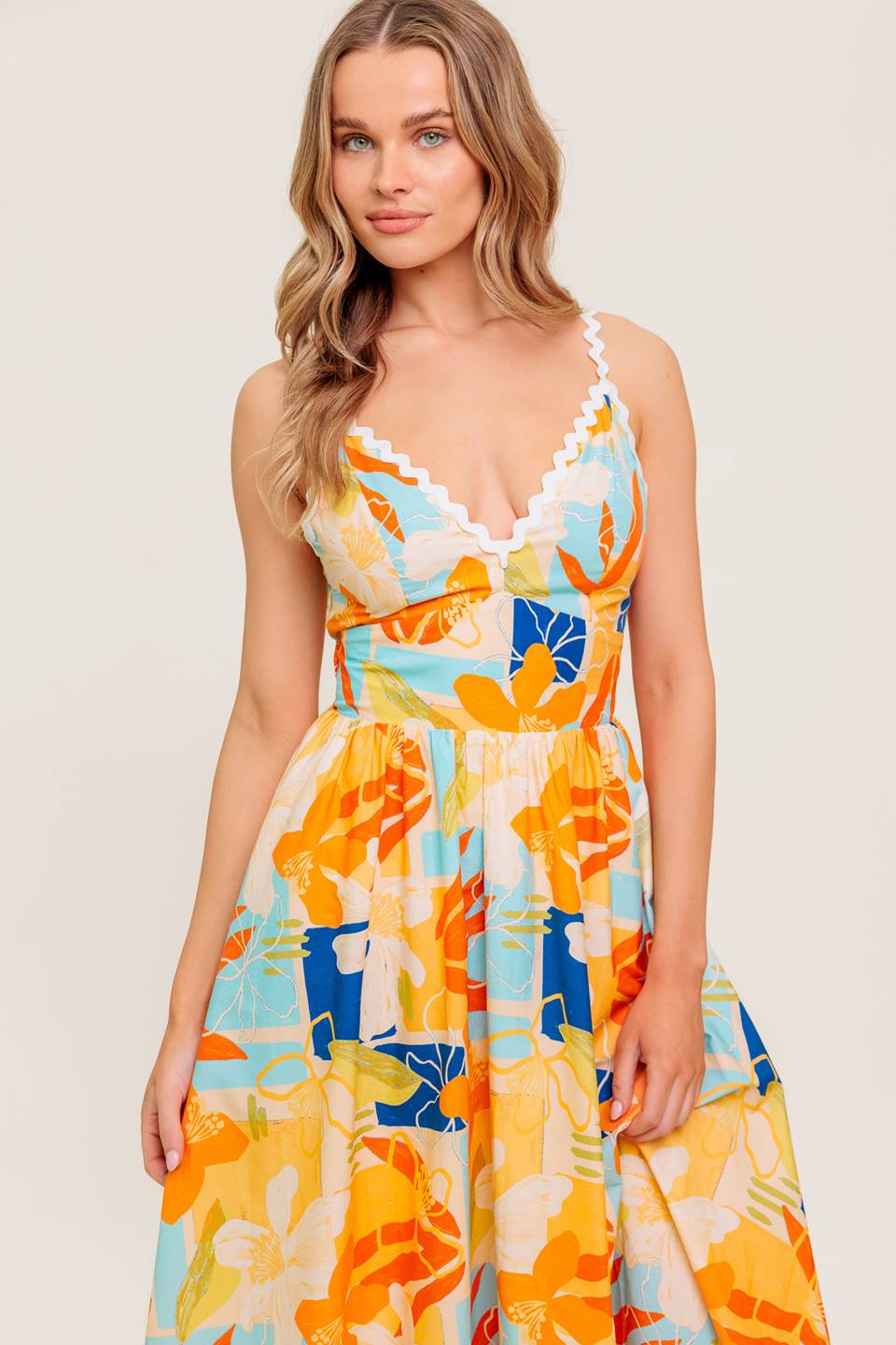 Printed Ric Rac Trim V-Neck Open Back Woven Midi Dress