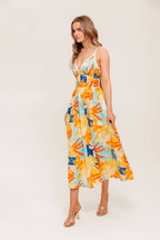 Printed Ric Rac Trim V-Neck Open Back Woven Midi Dress