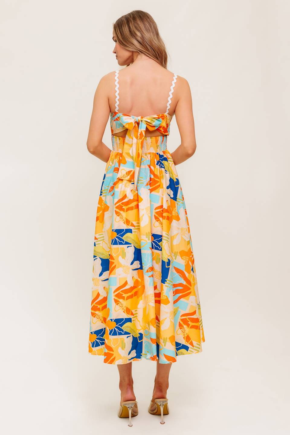 Printed Ric Rac Trim V-Neck Open Back Woven Midi Dress