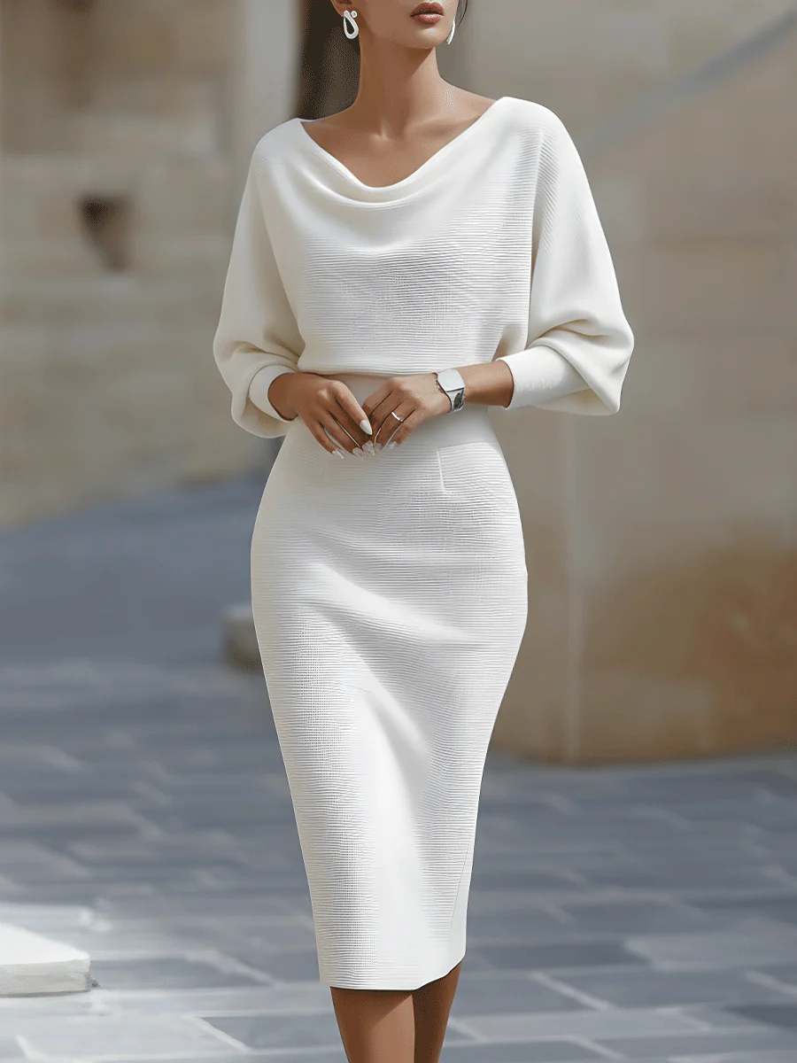 Women’s Draped Midi Pencil Dress – Batwing Sleeve Elegant Bodycon Midi Dress for Office, Dinners & Formal Events
