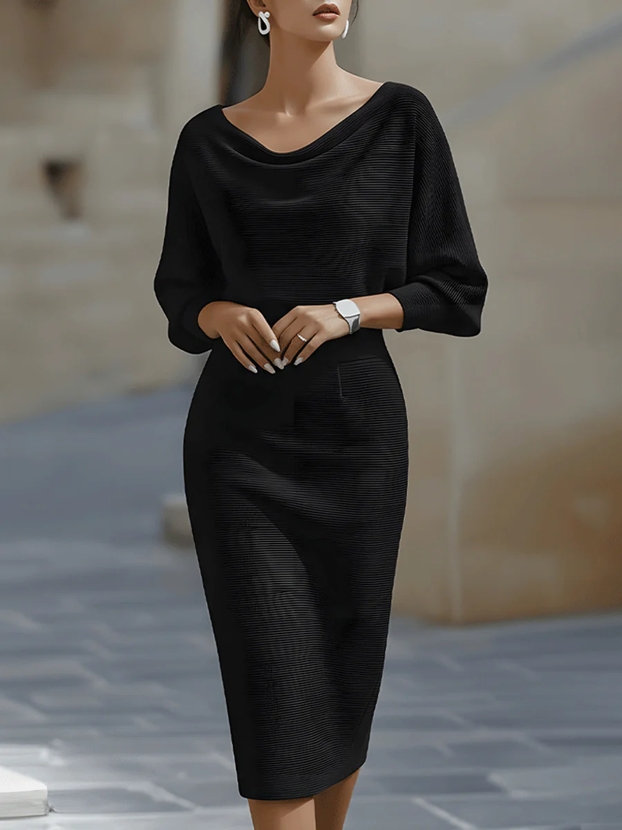 Women’s Draped Midi Pencil Dress – Batwing Sleeve Elegant Bodycon Midi Dress for Office, Dinners & Formal Events