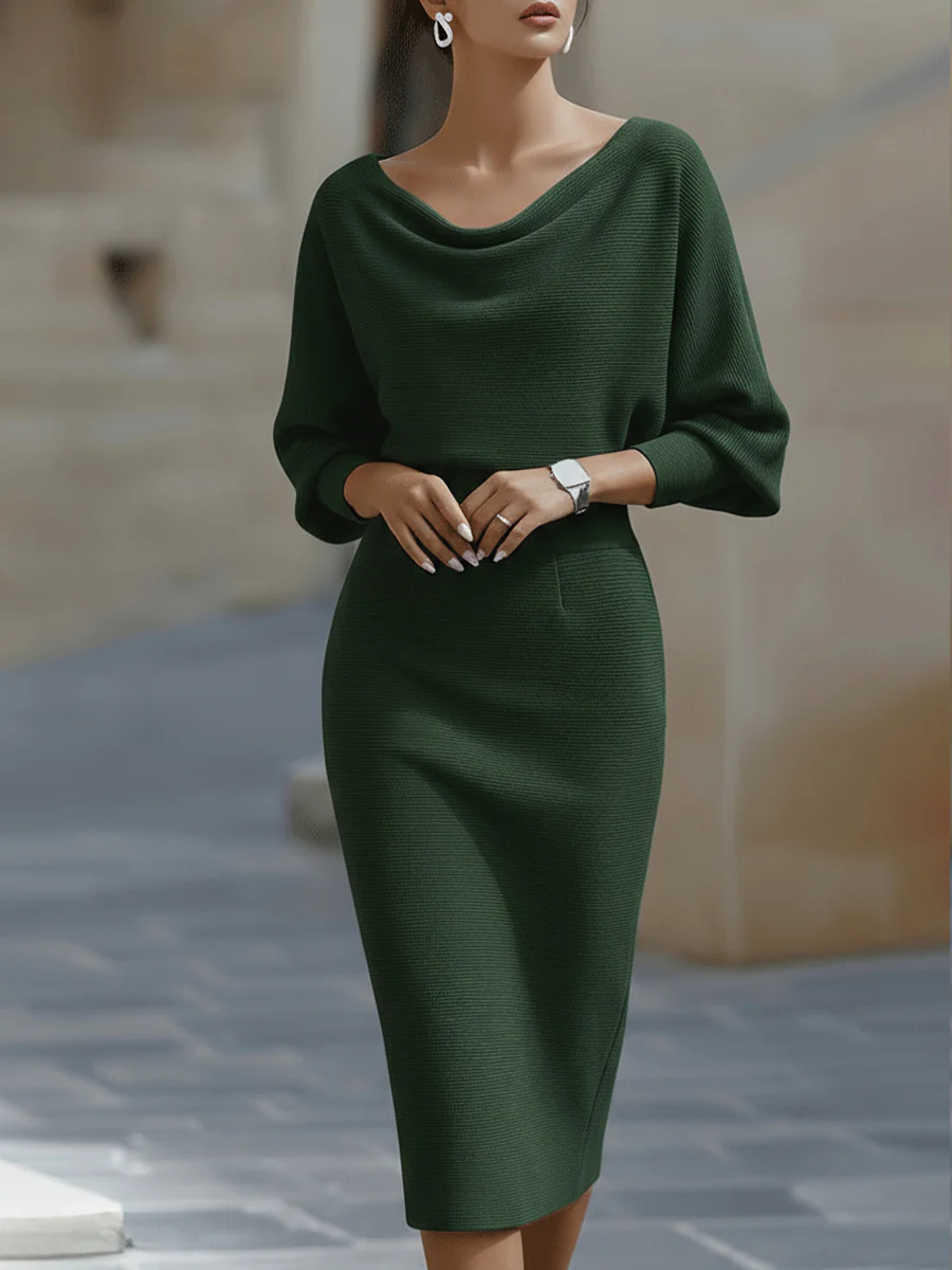 Women’s Draped Midi Pencil Dress – Batwing Sleeve Elegant Bodycon Midi Dress for Office, Dinners & Formal Events