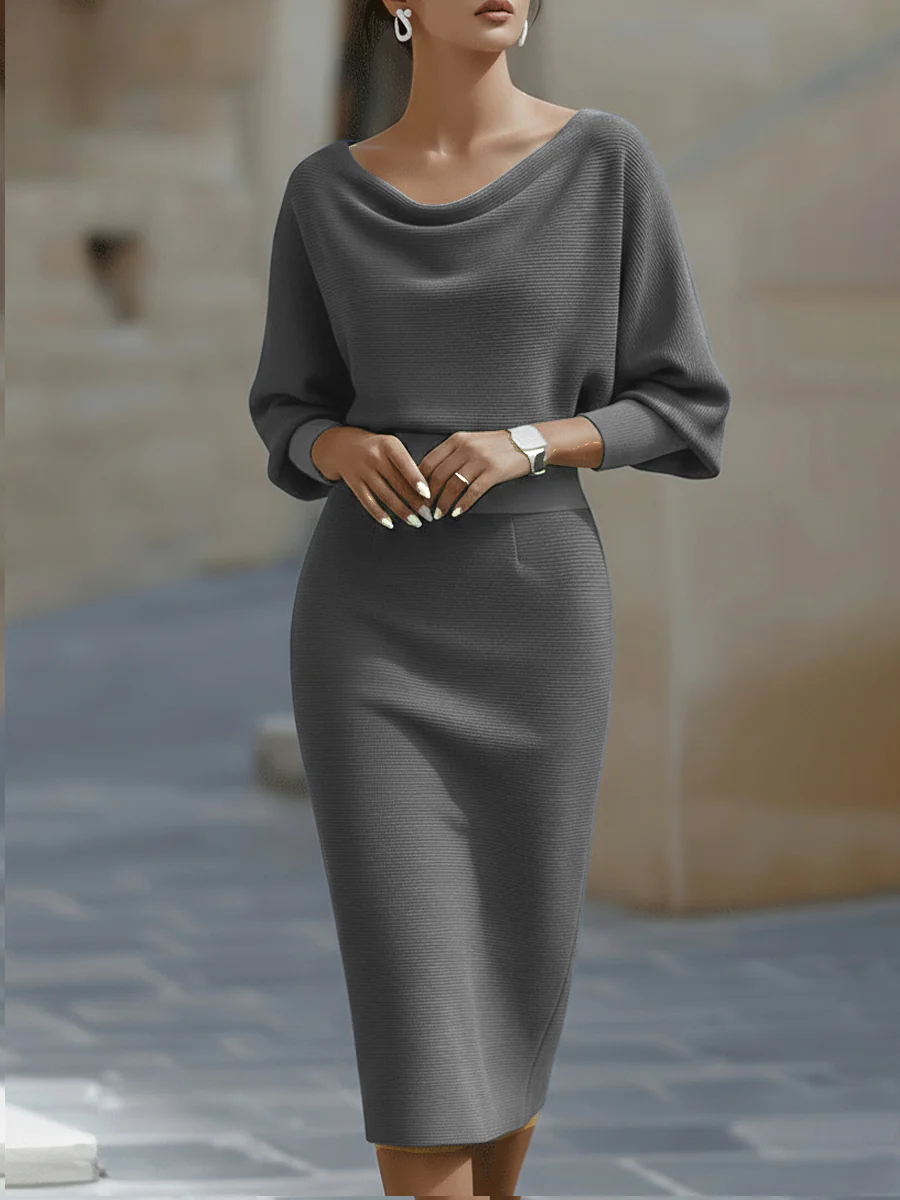Women’s Draped Midi Pencil Dress – Batwing Sleeve Elegant Bodycon Midi Dress for Office, Dinners & Formal Events