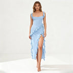 Danae Ruffle Slit Midi Dress for Women – Sky Blue Asymmetric Elegant Evening Dress