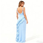 Danae Ruffle Slit Midi Dress for Women – Sky Blue Asymmetric Elegant Evening Dress