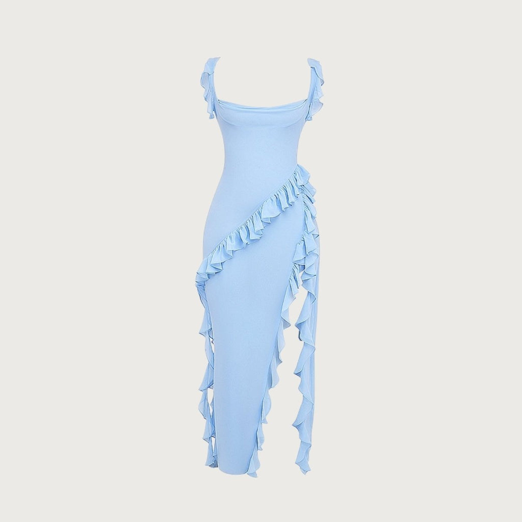 Danae Ruffle Slit Midi Dress for Women – Sky Blue Asymmetric Elegant Evening Dress