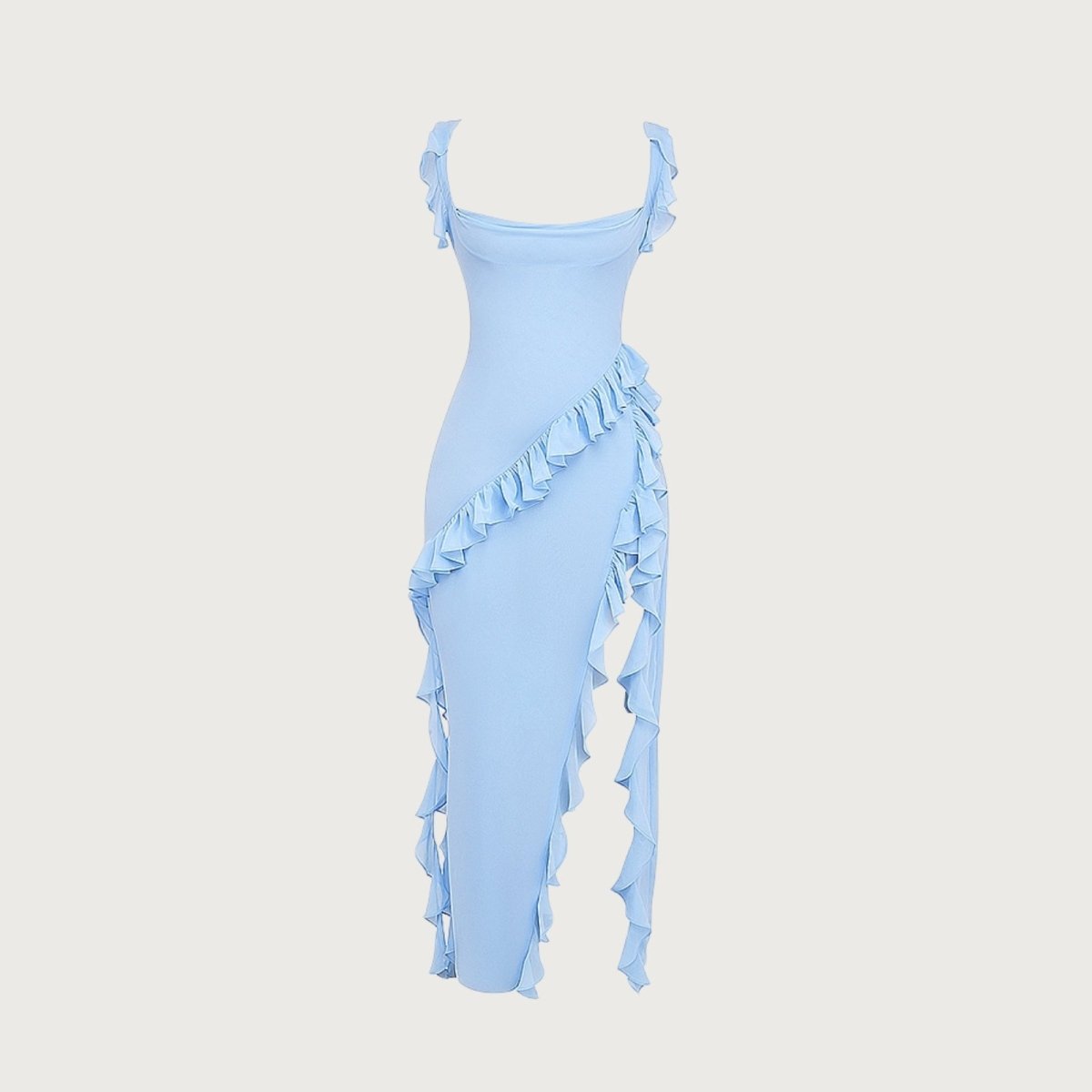Danae Ruffle Slit Midi Dress for Women – Sky Blue Asymmetric Elegant Evening Dress
