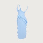 Danae Ruffle Slit Midi Dress for Women – Sky Blue Asymmetric Elegant Evening Dress