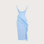 Danae Ruffle Slit Midi Dress for Women – Sky Blue Asymmetric Elegant Evening Dress