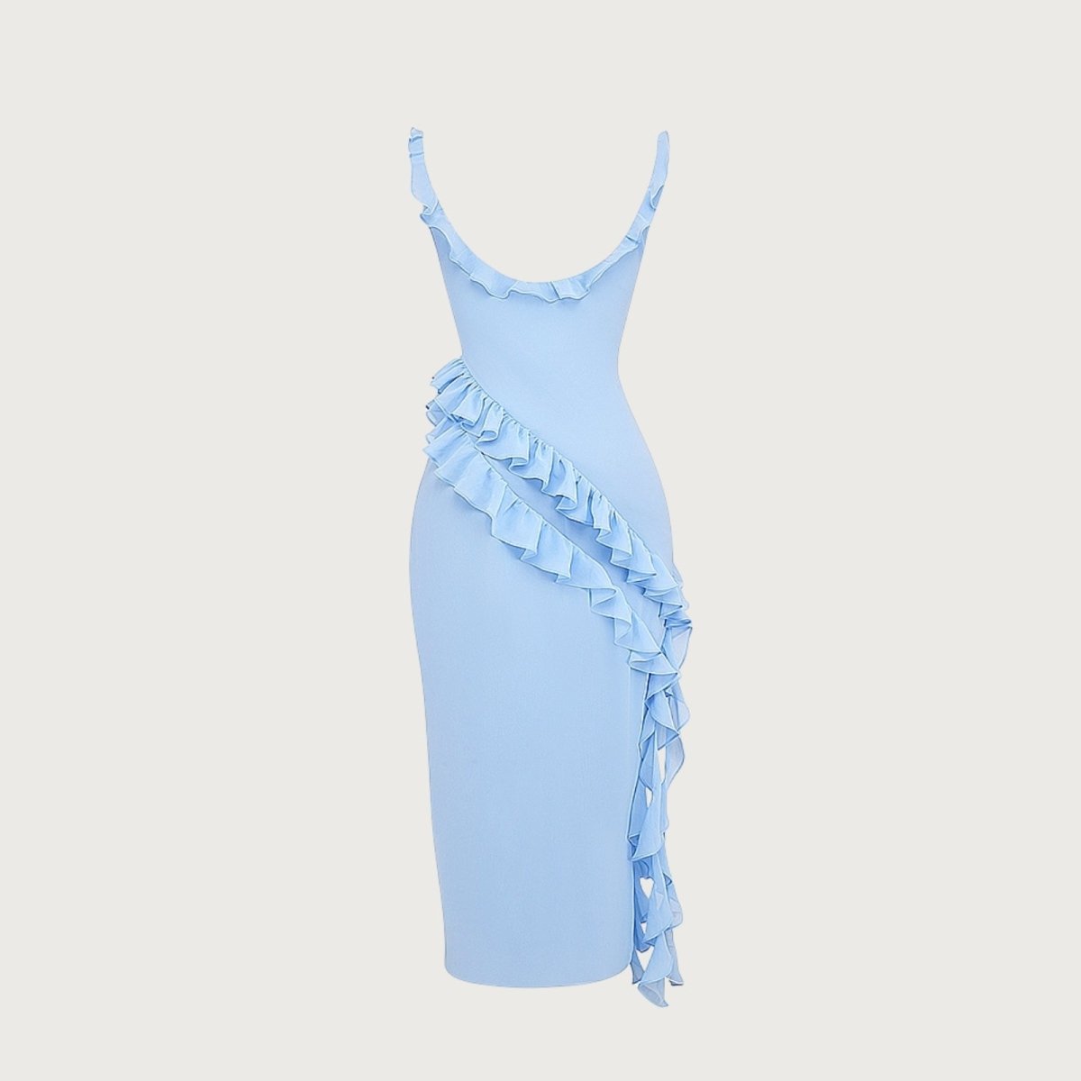 Danae Ruffle Slit Midi Dress for Women – Sky Blue Asymmetric Elegant Evening Dress