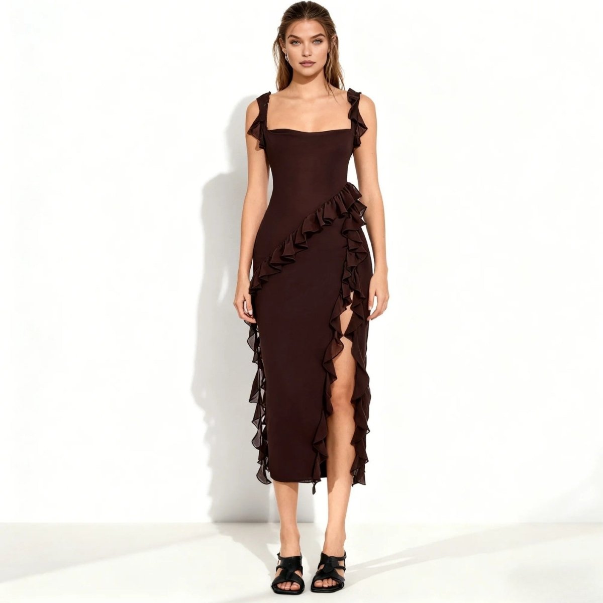 Danae Ruffle Slit Midi Dress for Women – Sky Blue Asymmetric Elegant Evening Dress