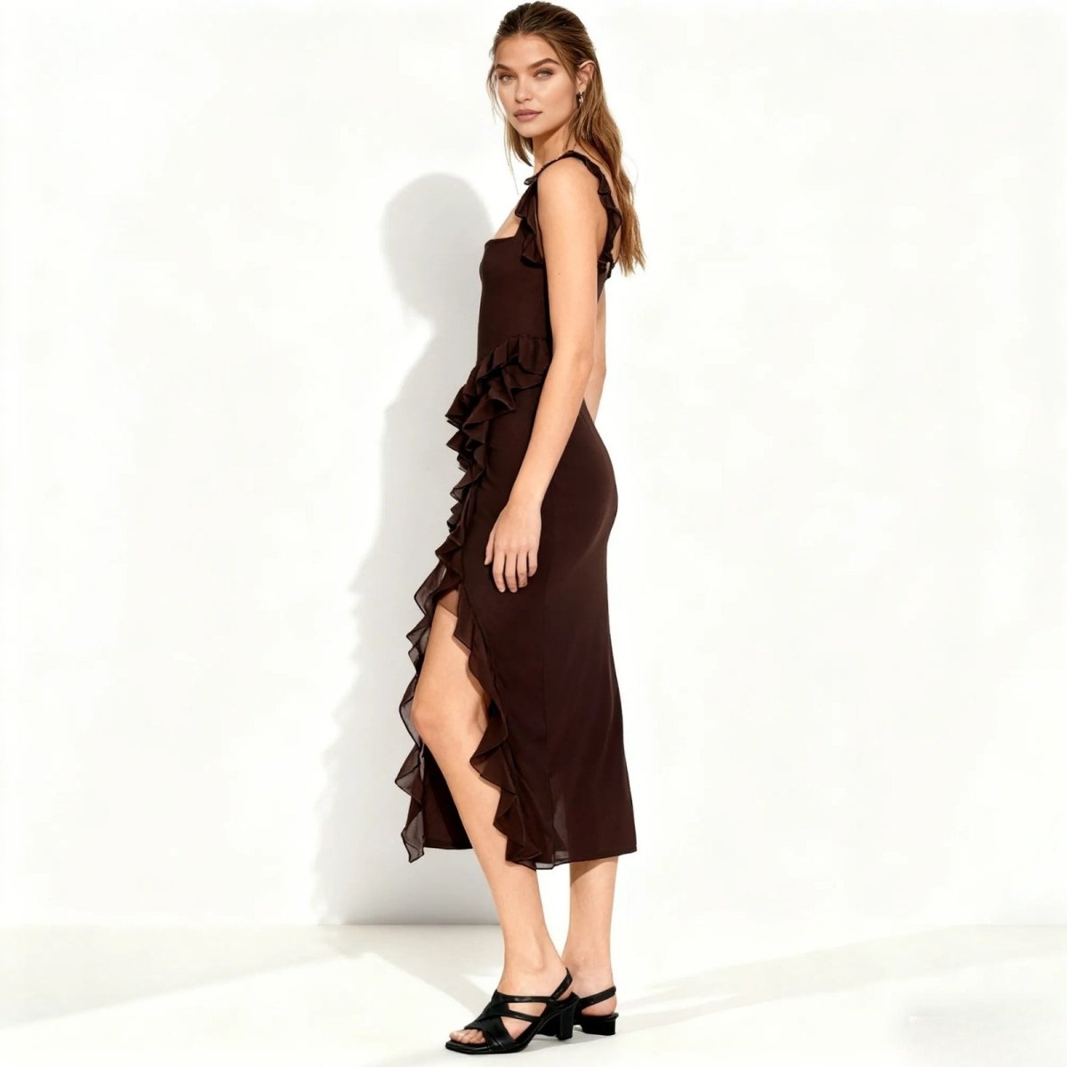 Danae Ruffle Slit Midi Dress for Women – Sky Blue Asymmetric Elegant Evening Dress