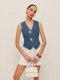 Women’s Denim Sleeveless Top — 100% Cotton Metal Detail Regular Fit Casual Jean Vest Shirt