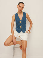 Women’s Denim Sleeveless Top — 100% Cotton Metal Detail Regular Fit Casual Jean Vest Shirt