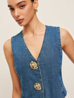 Women’s Denim Sleeveless Top — 100% Cotton Metal Detail Regular Fit Casual Jean Vest Shirt