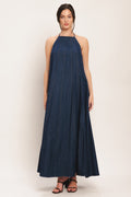 Denim Midi Dress with Stylish Bib Neckline & Back Tie