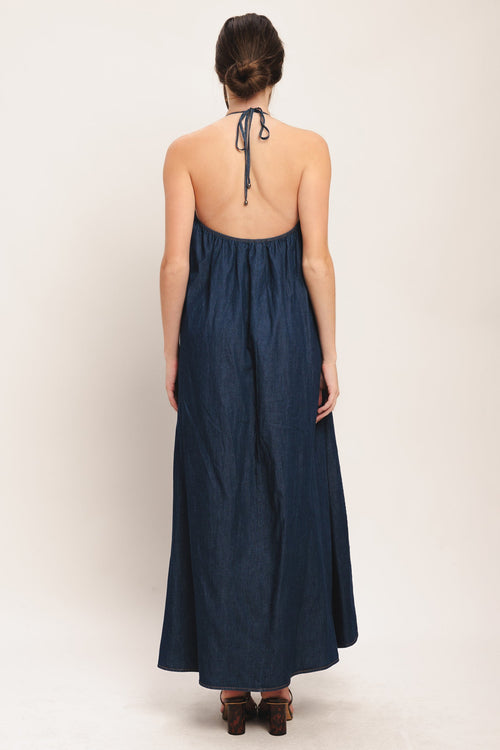 Denim Midi Dress with Stylish Bib Neckline & Back Tie