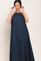 Denim Midi Dress with Stylish Bib Neckline & Back Tie