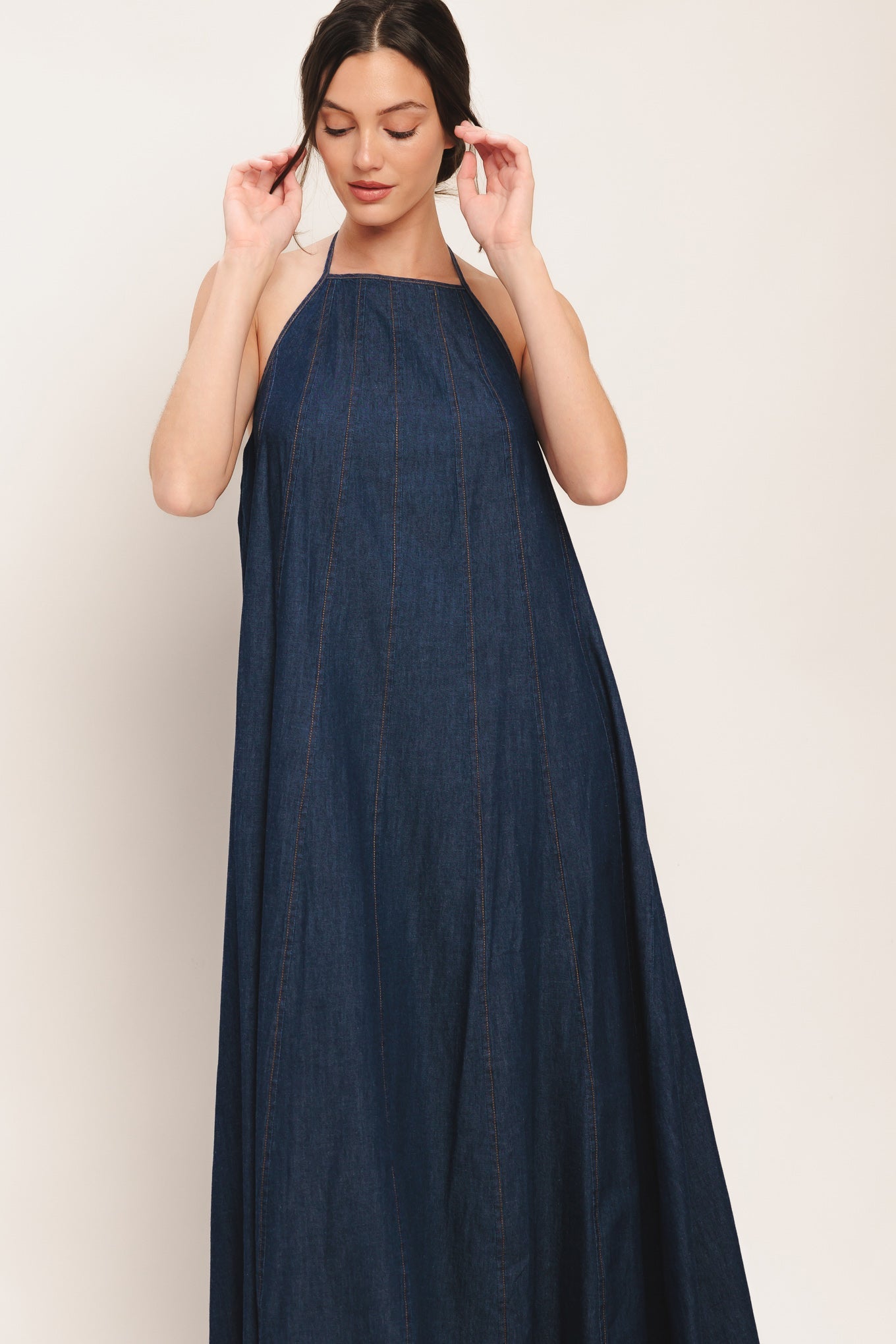 Denim Midi Dress with Stylish Bib Neckline & Back Tie