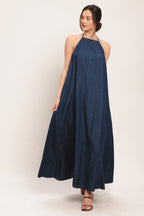 Denim Midi Dress with Stylish Bib Neckline & Back Tie