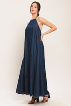 Denim Midi Dress with Stylish Bib Neckline & Back Tie