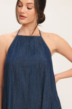 Denim Midi Dress with Stylish Bib Neckline & Back Tie
