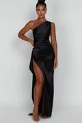Ariel One-Shoulder Satin Maxi Gown – Elegant Draped High-Slit Evening Dress