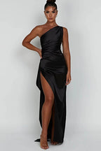 Ariel One-Shoulder Satin Maxi Gown – Elegant Draped High-Slit Evening Dress