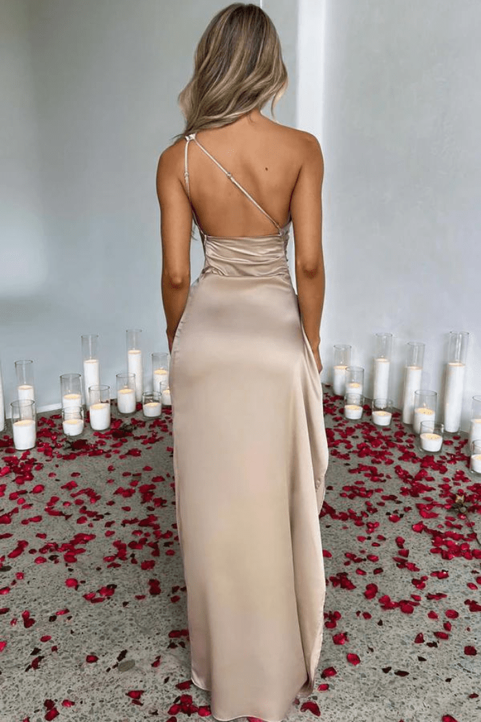 Ariel One-Shoulder Satin Maxi Gown – Elegant Draped High-Slit Evening Dress