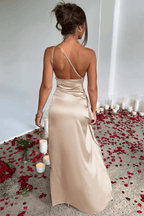 Ariel One-Shoulder Satin Maxi Gown – Elegant Draped High-Slit Evening Dress