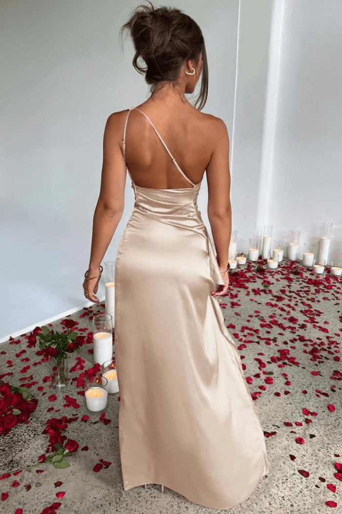Ariel One-Shoulder Satin Maxi Gown – Elegant Draped High-Slit Evening Dress