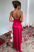 Ariel One-Shoulder Satin Maxi Gown – Elegant Draped High-Slit Evening Dress