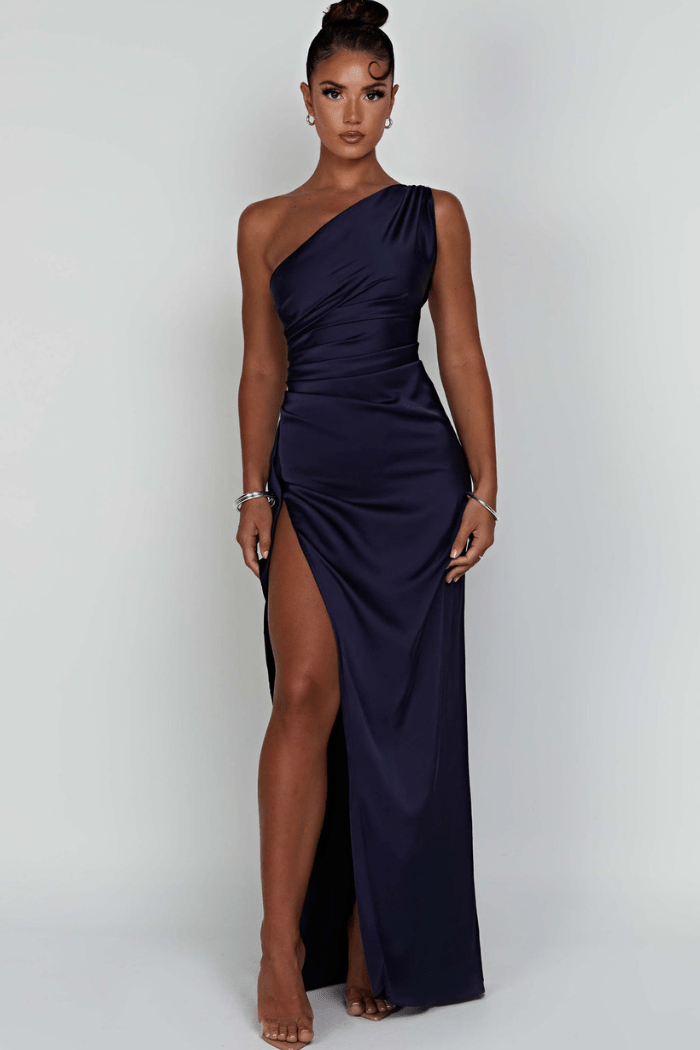 Ariel One-Shoulder Satin Maxi Gown – Elegant Draped High-Slit Evening Dress