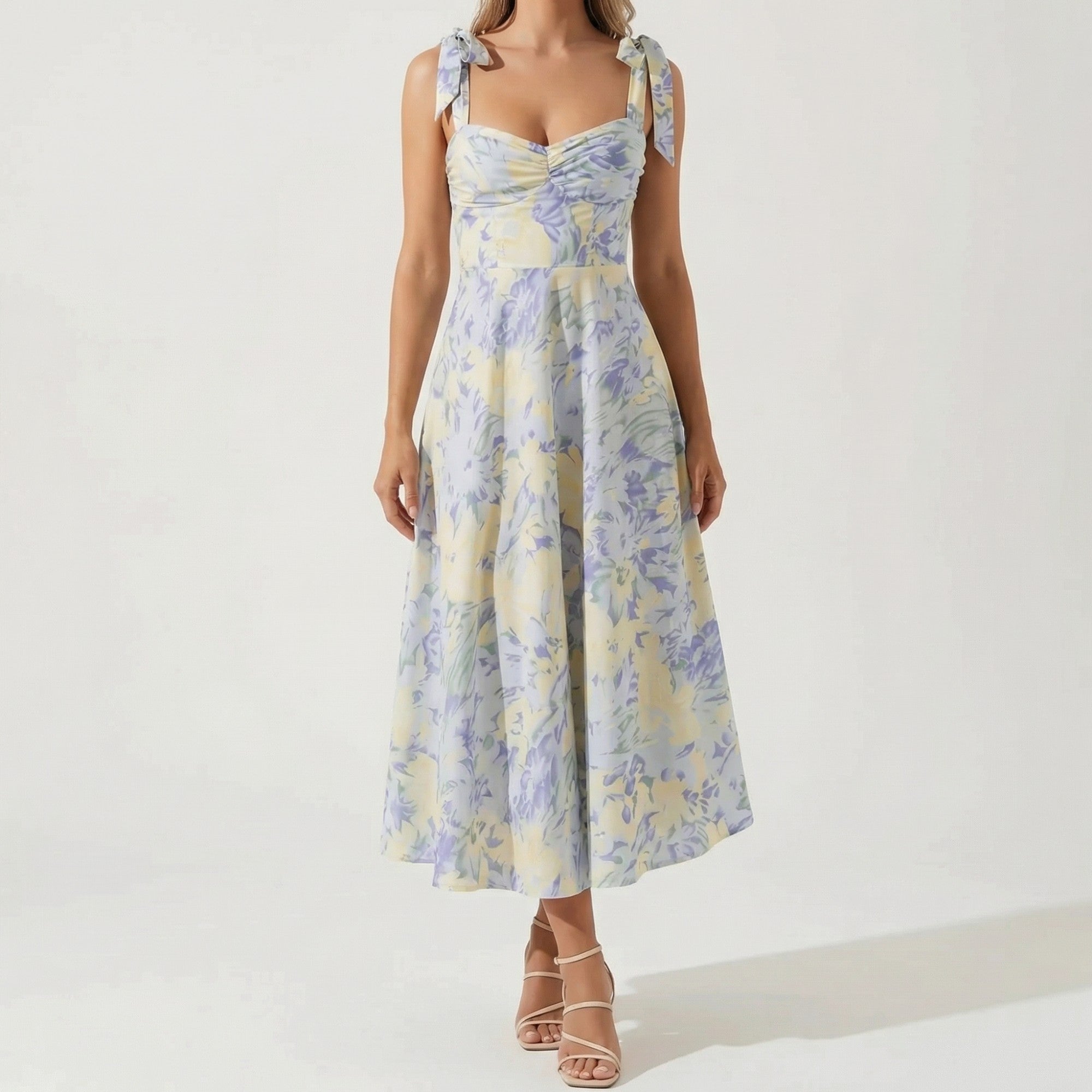 Women’s Pastel Floral Midi Dress – Empire Waist Sweetheart Neck Garden Party Dress