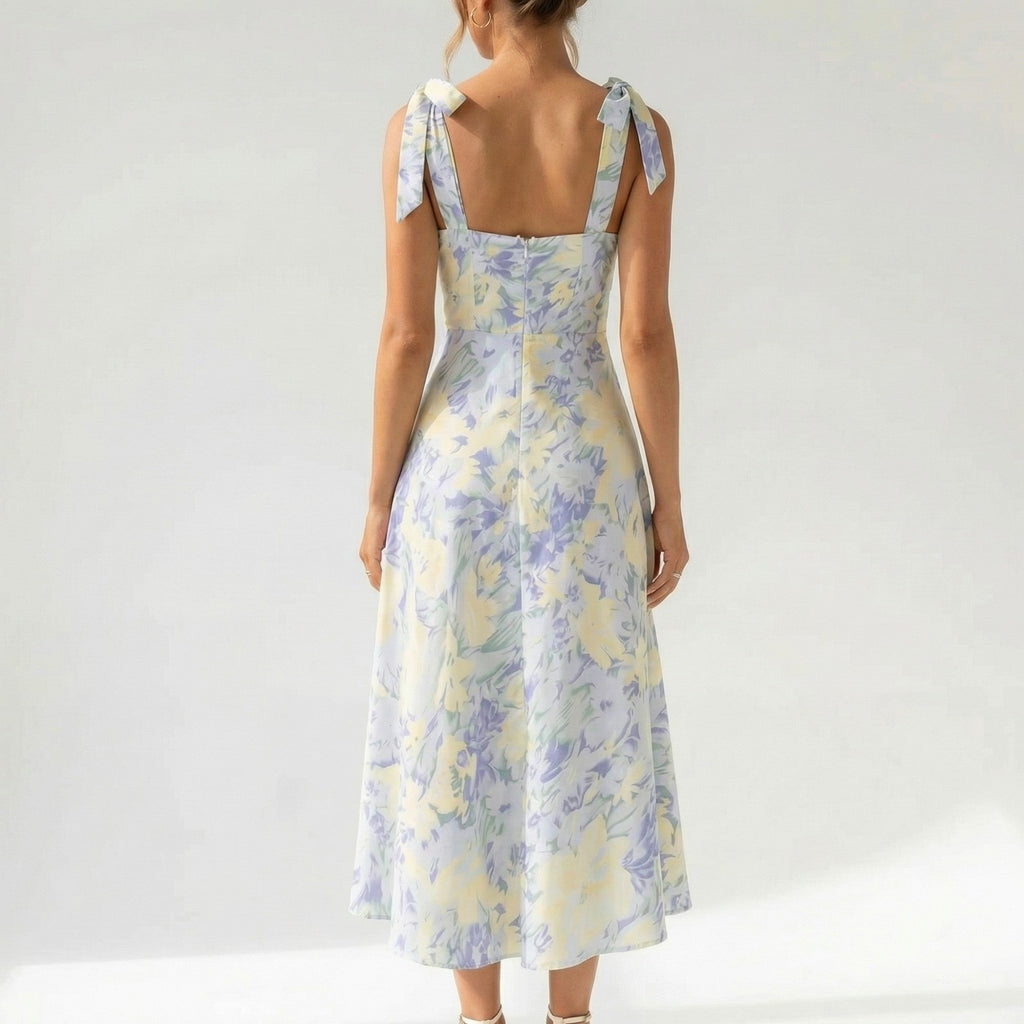 Women’s Pastel Floral Midi Dress – Empire Waist Sweetheart Neck Garden Party Dress