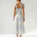 Women’s Pastel Floral Midi Dress – Empire Waist Sweetheart Neck Garden Party Dress