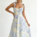 Women’s Pastel Floral Midi Dress – Empire Waist Sweetheart Neck Garden Party Dress