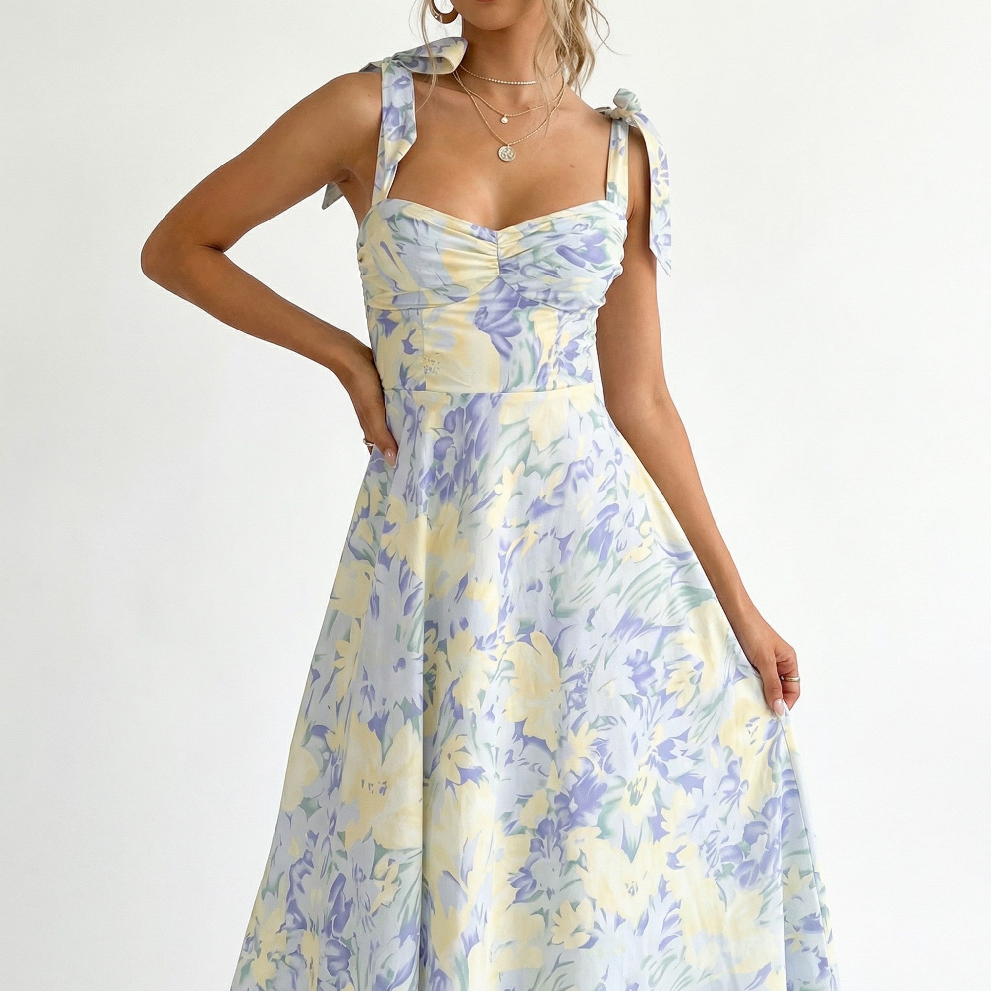 Women’s Pastel Floral Midi Dress – Empire Waist Sweetheart Neck Garden Party Dress