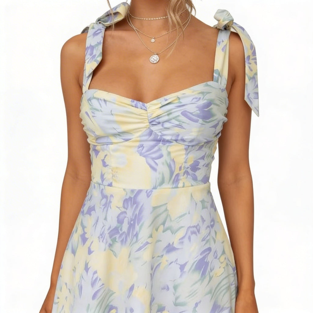 Women’s Pastel Floral Midi Dress – Empire Waist Sweetheart Neck Garden Party Dress