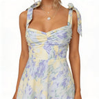 Women’s Pastel Floral Midi Dress – Empire Waist Sweetheart Neck Garden Party Dress