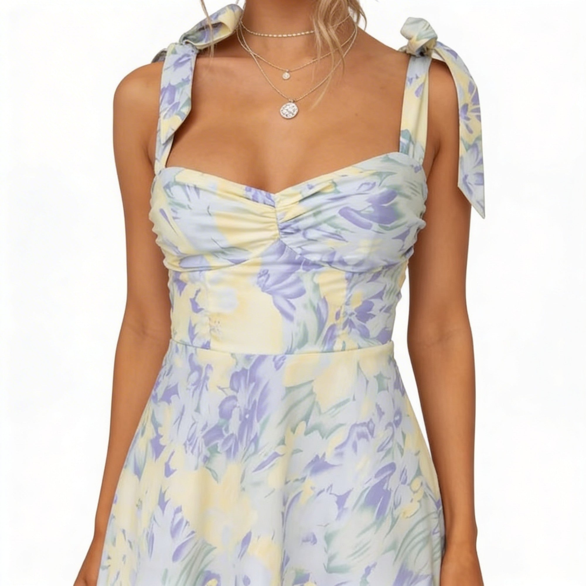Women’s Pastel Floral Midi Dress – Empire Waist Sweetheart Neck Garden Party Dress